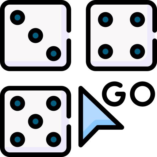 Icono de tres dados, una flecha y el texto GO que simboliza ir al juego de lanzamiento de dados.